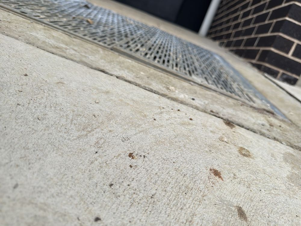 Pit grate sitting out of level with the driveway surface around it, recorded during a defect investigation in Ermington